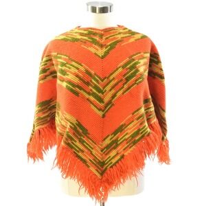 70s Vintage Orange Crocheted Fringed Sweater Cape Womens XS S Boho Olive Poncho